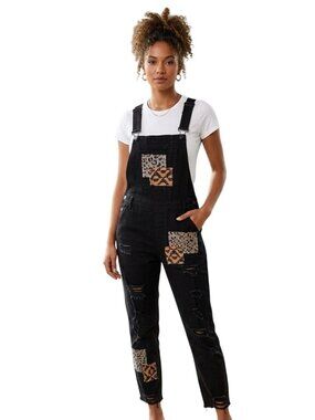 Dollhouse Black Handcrafted Patched Distressed Stretch Overalls Size 36